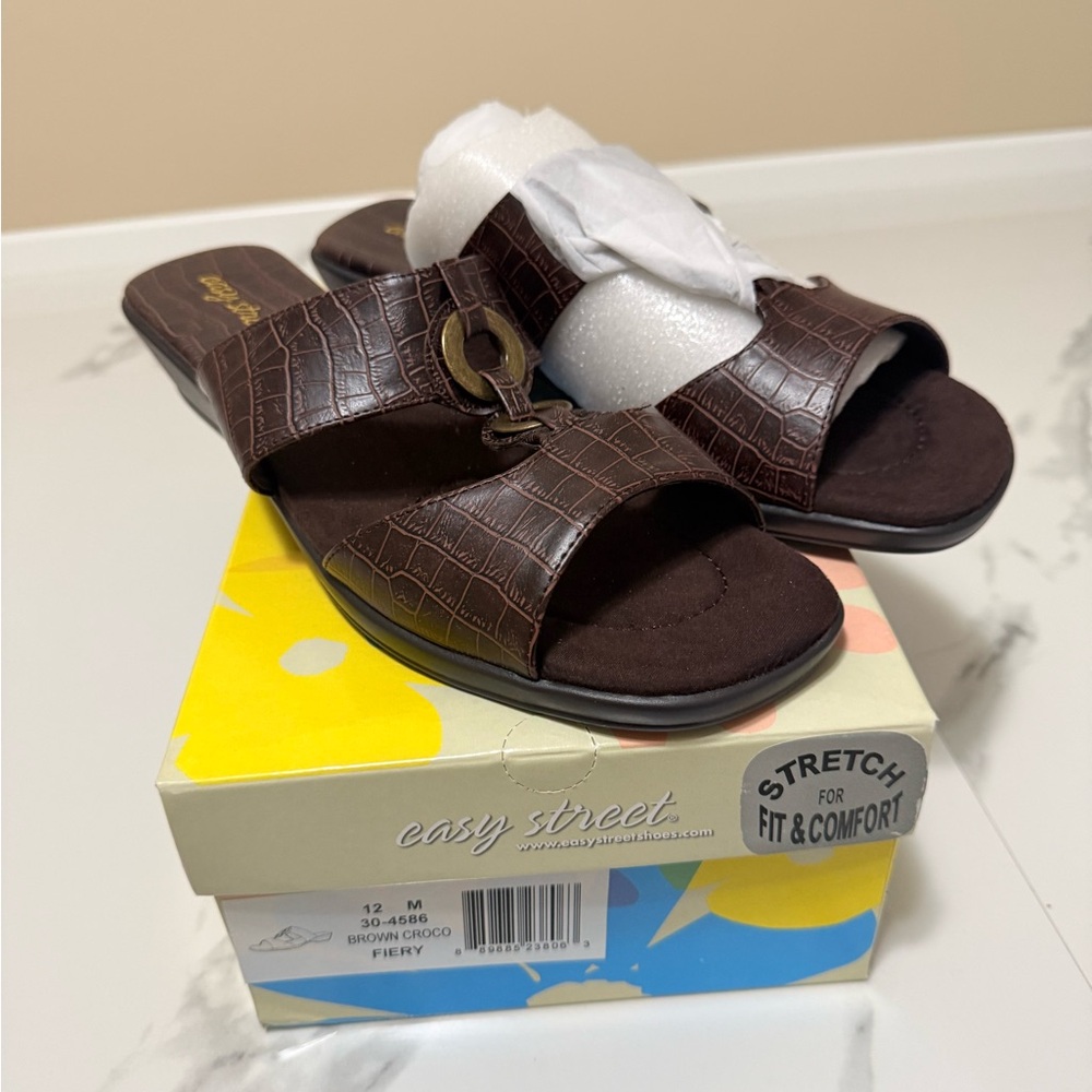 easy street Brown Croc Slide Sandals with Ring Accent